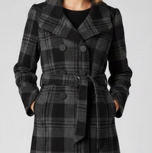Guess Womans Medium Black and Gray Plaid Pea Coat Wool